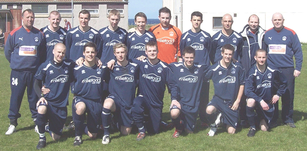 The Vale team line up for their final game of the season at Eyemouth. Back Row: (left to right) Stewart Churchill (coach), Alex Munro, Paul Lee, Scott Moffat, Michael Stewart, Darren Walker, Ricky Burke, Darren Gillon, Stuart Gray (coach), Rab Paget (manager). Front Row: Gavin Tainsh, Paul Thomson, Kerr Dodds, John Hall, Andy Martin, Aaron Somerville, Paul Greenhill.